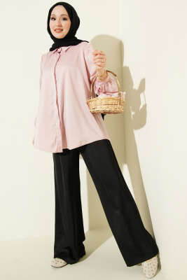 Gizli Düğmeli Basic Saten Gömlek Pudra - Gömlek