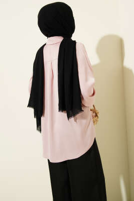 Gizli Düğmeli Basic Saten Gömlek Pudra - Gömlek