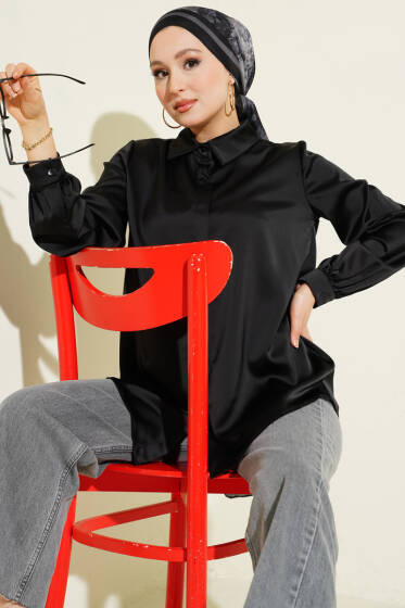 Gizli Düğmeli Basic Saten Gömlek Siyah - Gömlek