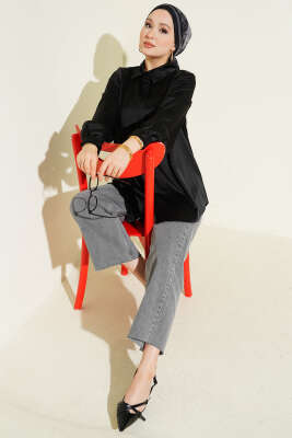 Gizli Düğmeli Basic Saten Gömlek Siyah - Gömlek