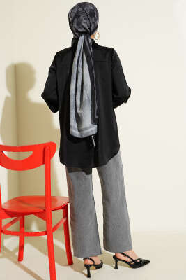 Gizli Düğmeli Basic Saten Gömlek Siyah - Gömlek