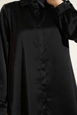 Gizli Düğmeli Basic Saten Gömlek Siyah - Gömlek