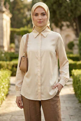 Gizli Düğmeli Basic Saten Gömlek Taş 