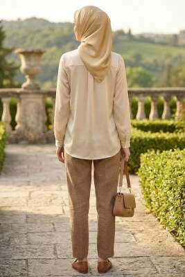 Gizli Düğmeli Basic Saten Gömlek Taş - Gömlek