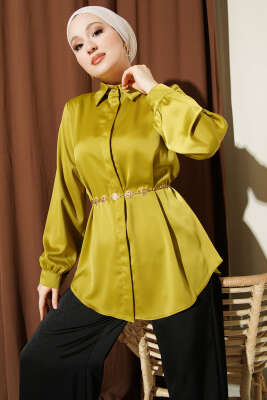 Gizli Düğmeli Basic Saten Gömlek Yağ Yeşili - BERAT TEKSTİL