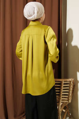 Gizli Düğmeli Basic Saten Gömlek Yağ Yeşili - Gömlek