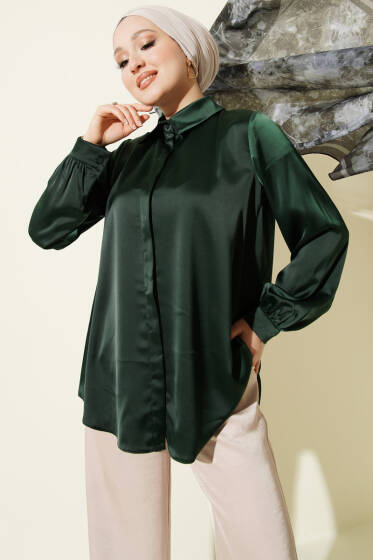 Gizli Düğmeli Basic Saten Gömlek Zümrüt - 500-700 TL Ürünler