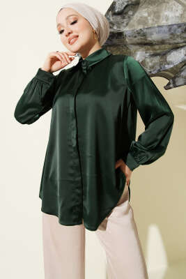 Gizli Düğmeli Basic Saten Gömlek Zümrüt - BERAT TEKSTİL