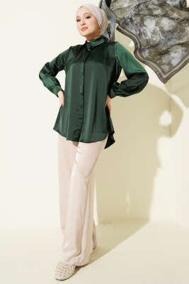Gizli Düğmeli Basic Saten Gömlek Zümrüt - Gömlek