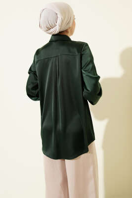 Gizli Düğmeli Basic Saten Gömlek Zümrüt - Gömlek