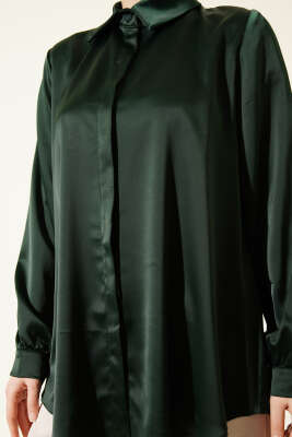Gizli Düğmeli Basic Saten Gömlek Zümrüt - Gömlek
