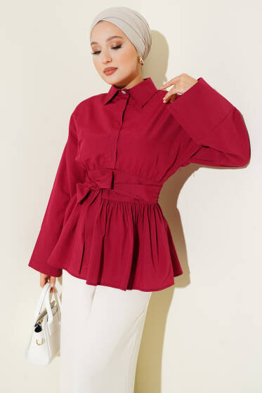 Gizli Düğmeli Bel Kuşaklı Gömlek Bordo - Gömlek
