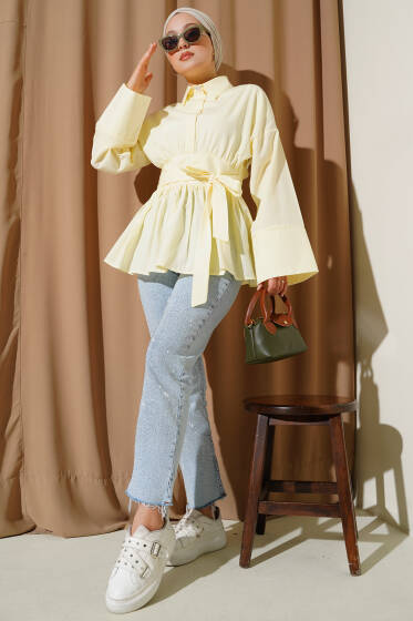 Gizli Düğmeli Bel Kuşaklı Gömlek Sarı - Gömlek