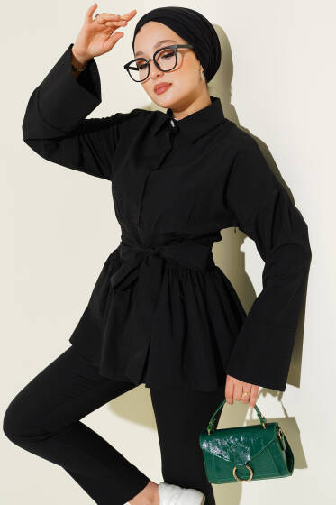 Gizli Düğmeli Bel Kuşaklı Gömlek Siyah - Gömlek