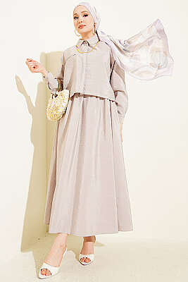 Gizli Düğmeli Bluzlu Etekli İkili Takım Bej 