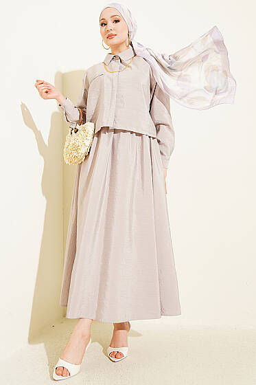 Gizli Düğmeli Bluzlu Etekli İkili Takım Bej - İkili Takım