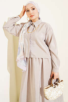 Gizli Düğmeli Bluzlu Etekli İkili Takım Bej - İkili Takım