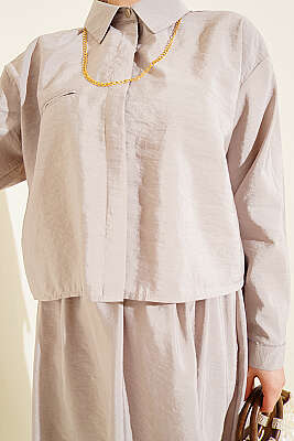 Gizli Düğmeli Bluzlu Etekli İkili Takım Bej - İkili Takım