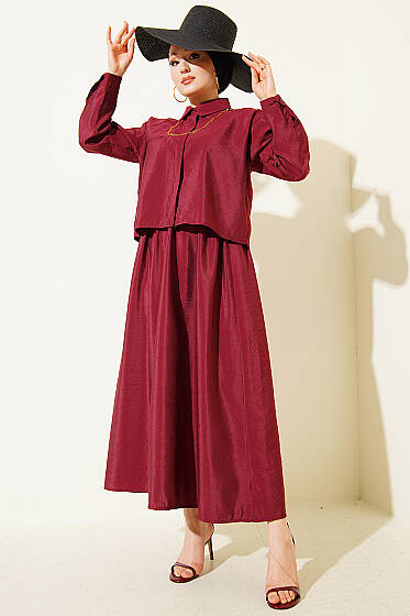 Gizli Düğmeli Bluzlu Etekli İkili Takım Bordo - İkili Takım