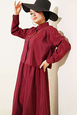 Gizli Düğmeli Bluzlu Etekli İkili Takım Bordo - İkili Takım