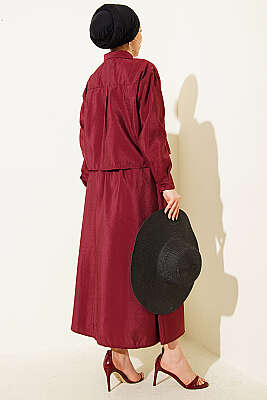 Gizli Düğmeli Bluzlu Etekli İkili Takım Bordo - İkili Takım