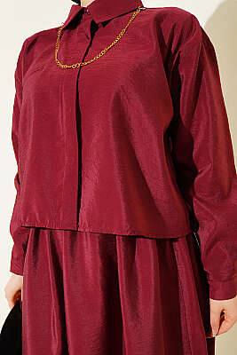 Gizli Düğmeli Bluzlu Etekli İkili Takım Bordo - İkili Takım