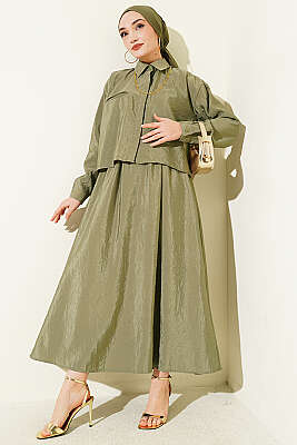 Gizli Düğmeli Bluzlu Etekli İkili Takım Haki - VAV TEKSTİL