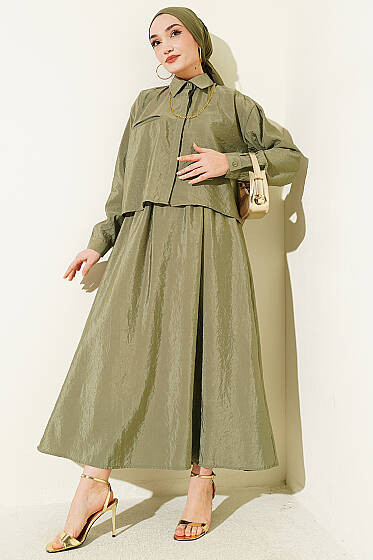 Gizli Düğmeli Bluzlu Etekli İkili Takım Haki - İkili Takım