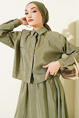 Gizli Düğmeli Bluzlu Etekli İkili Takım Haki - İkili Takım