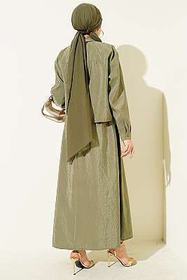 Gizli Düğmeli Bluzlu Etekli İkili Takım Haki - İkili Takım