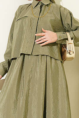 Gizli Düğmeli Bluzlu Etekli İkili Takım Haki - İkili Takım