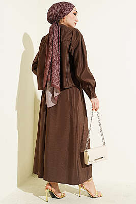 Gizli Düğmeli Bluzlu Etekli İkili Takım Kahve - İkili Takım