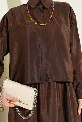 Gizli Düğmeli Bluzlu Etekli İkili Takım Kahve - İkili Takım