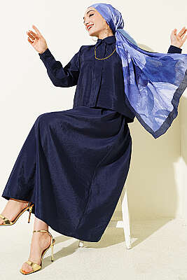 Gizli Düğmeli Bluzlu Etekli İkili Takım Lacivert - VAV TEKSTİL