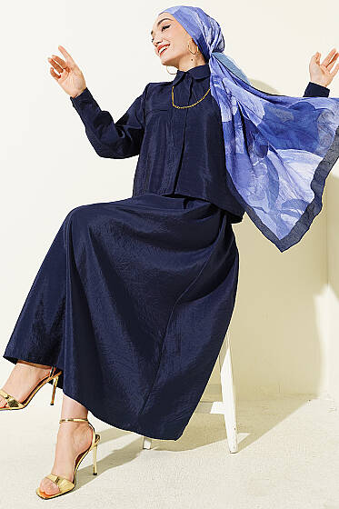 Gizli Düğmeli Bluzlu Etekli İkili Takım Lacivert - İkili Takım