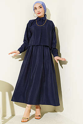 Gizli Düğmeli Bluzlu Etekli İkili Takım Lacivert - İkili Takım