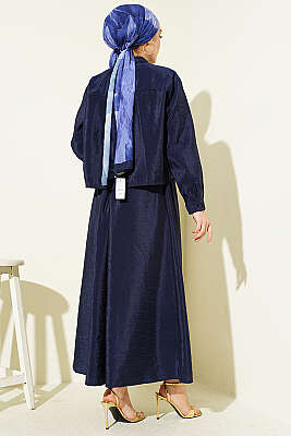 Gizli Düğmeli Bluzlu Etekli İkili Takım Lacivert - İkili Takım