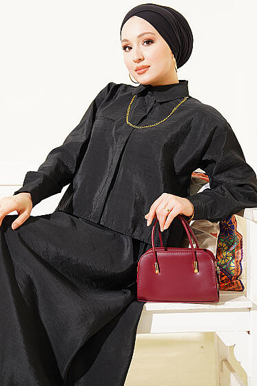 Gizli Düğmeli Bluzlu Etekli İkili Takım Siyah - İkili Takım