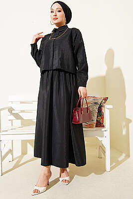 Gizli Düğmeli Bluzlu Etekli İkili Takım Siyah - İkili Takım