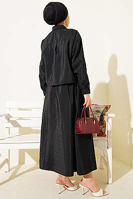 Gizli Düğmeli Bluzlu Etekli İkili Takım Siyah - İkili Takım