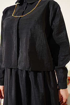 Gizli Düğmeli Bluzlu Etekli İkili Takım Siyah - İkili Takım