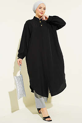 Gizli Düğmeli Cepli Uzun Gömlek Siyah - SAS