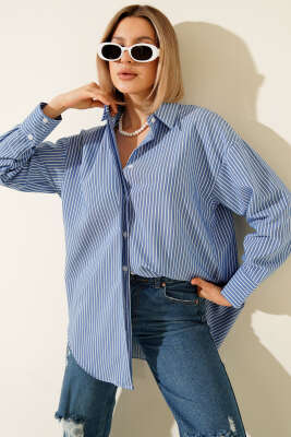 Gizli Düğmeli Çizgili Gömlek Buz Mavisi - CALİENTE