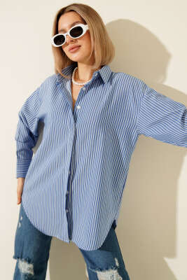 Gizli Düğmeli Çizgili Gömlek Buz Mavisi - Kadın Giyim Modelleri