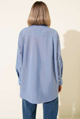 Gizli Düğmeli Çizgili Gömlek Buz Mavisi - Kadın Giyim Modelleri