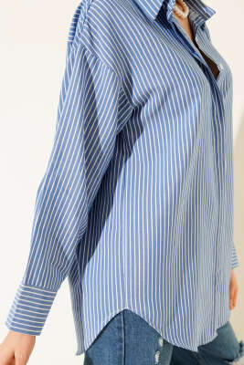 Gizli Düğmeli Çizgili Gömlek Buz Mavisi - Kadın Giyim Modelleri