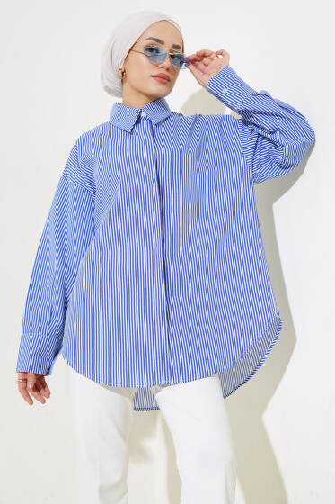Gizli Düğmeli Çizgili Gömlek İndigo - Gömlek
