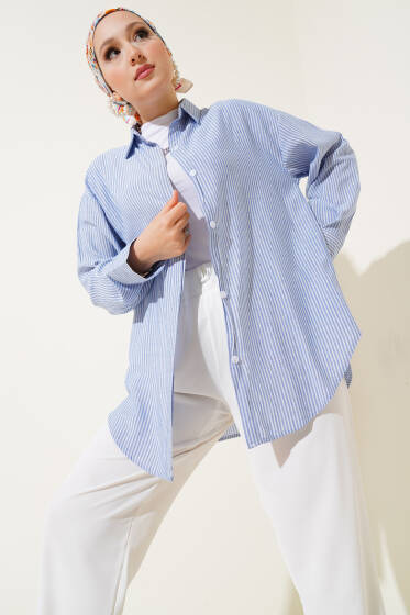 Gizli Düğmeli Çizgili Gömlek Mavi - Gömlek