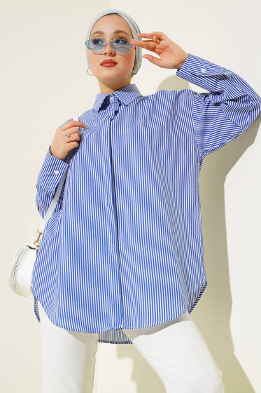 Gizli Düğmeli Çizgili Gömlek Saks - Gömlek