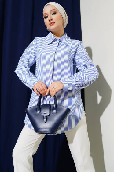 Gizli Düğmeli Dik Çizgili Gömlek Mavi - Gömlek
